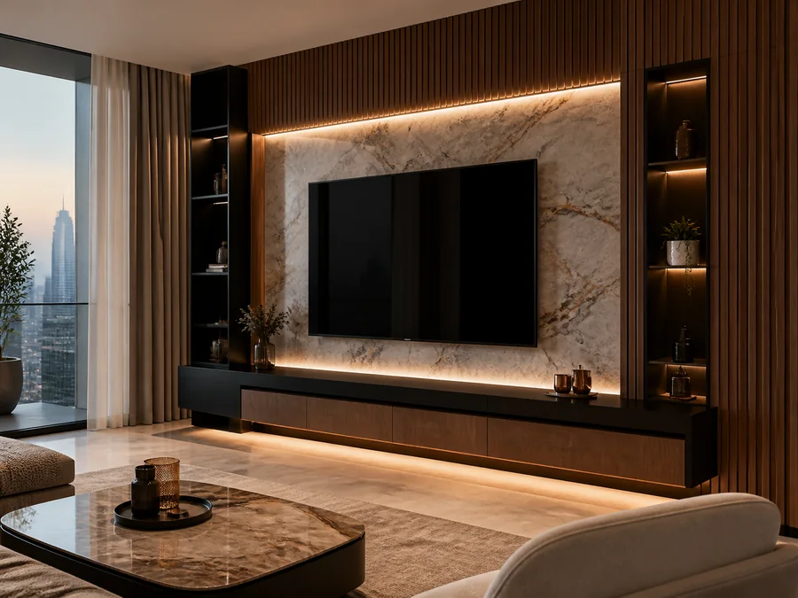 Living room with custom TV and media wall